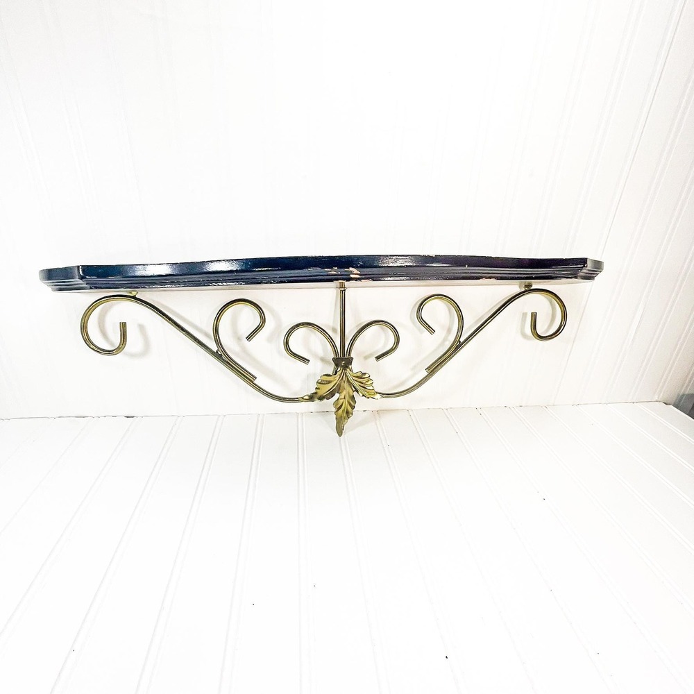 Midcentury Modern Wood Shelf with Brass Rail - Vintage MCM Trinket Shelf